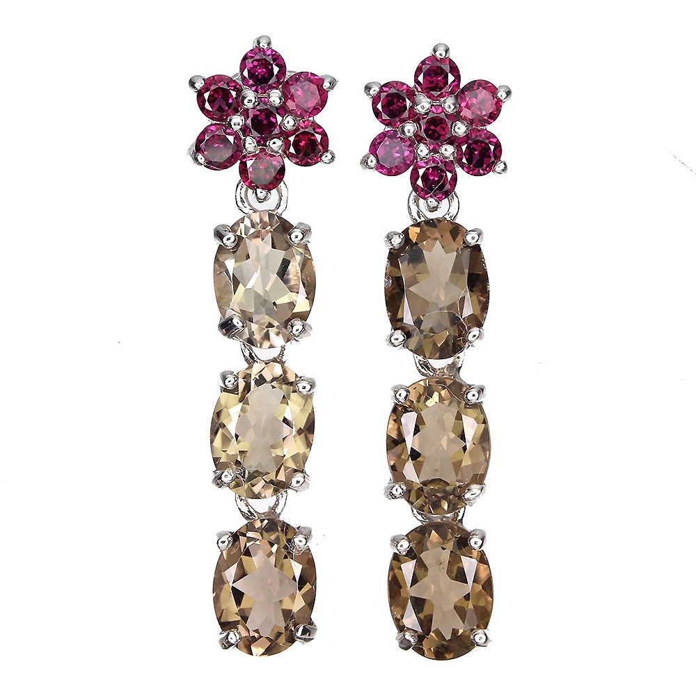 Elegant Floral Drop Earrings with Genuine Pink Garnet and Smokey Quartz